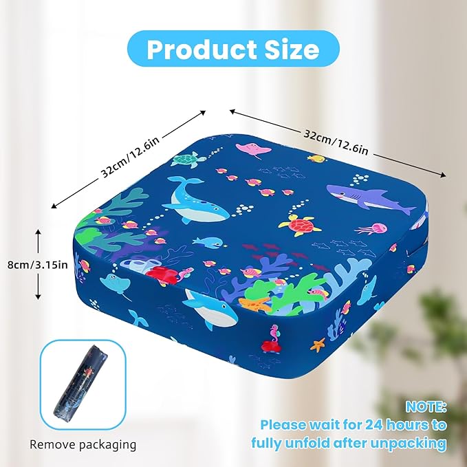 Toddler Booster Seat for Dining Table, Kids Booster Seat for Kitchen Chair with Non-Slip Bottom, Portable Detachable Washable Increasing Cushion with 2 Adjustable Straps (Marine Animals)