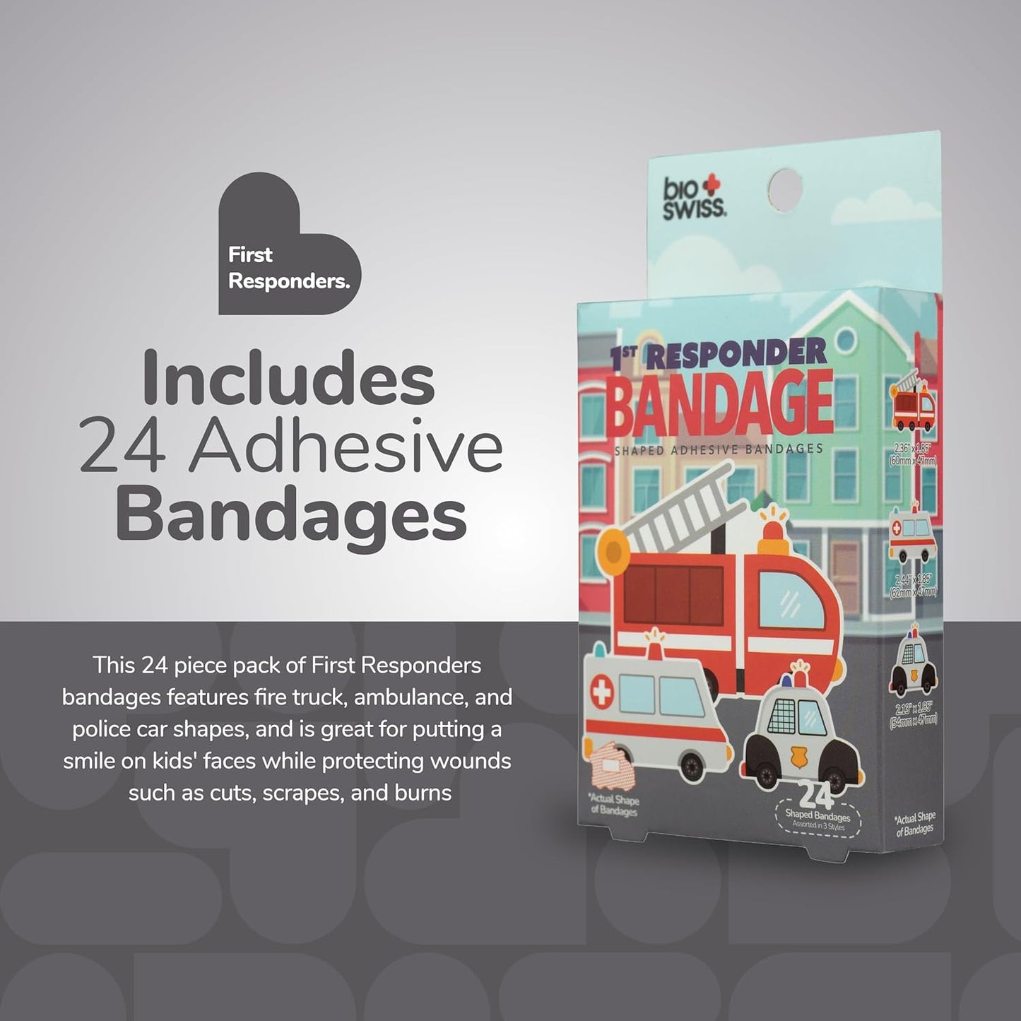 BioSwiss Bandages, First Responders Shaped Self Adhesive Bandage, Latex Free Sterile Wound Care, Fun First Aid Kit Supplies for Kids and Adults, 24 Count