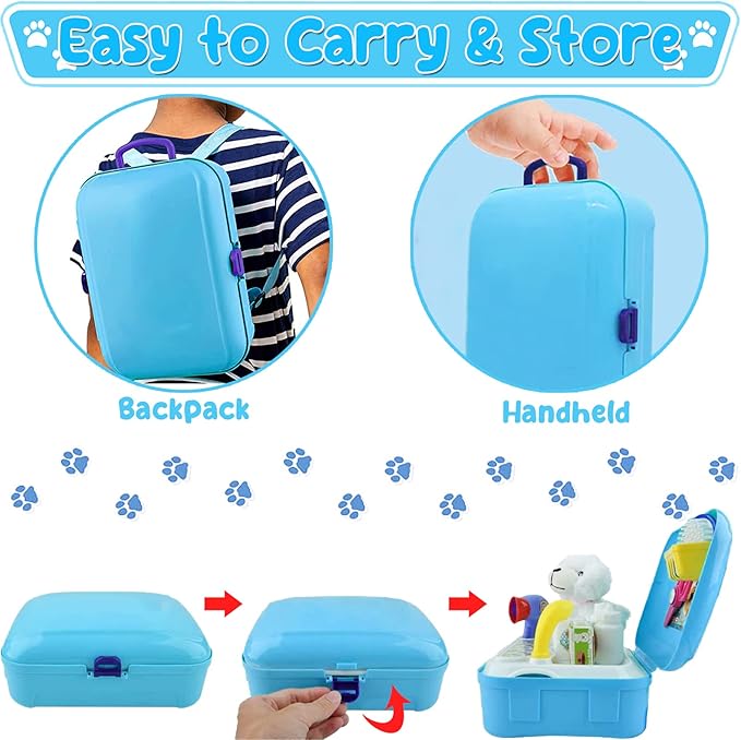TEUVO Pet Care Playset, 16Pcs Kids Doctor Kit with Plush Dog & Backpack for Dog Grooming & Feeding, Pet Doctor Pretend Play Toys for 3 4 5 6 7 Years Old Girls Boys Birthday