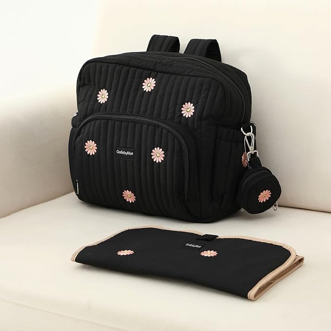 Diaper Bag Backpack, Medium Maternity baby bag & Changing Pad, Insulated Pockets, Stroller Straps & Pacifier Case (Medium - Black Flowers)