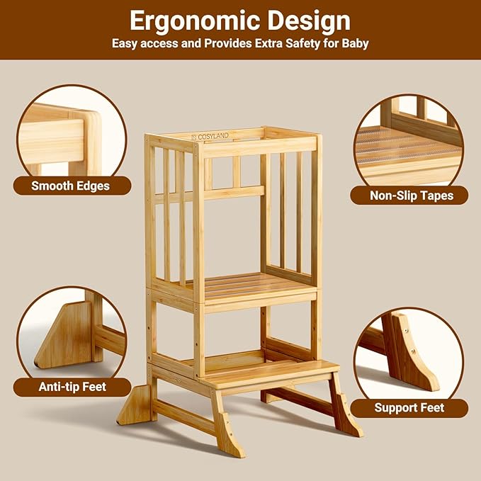 COSYLAND Toddler Step Stool Height Adjustable – Portable Kids Kitchen Stool Helper with Stabilizing Base Block – Toddler Standing Tower for Bathroom Kitchen Living Room Dining Room (Natural)