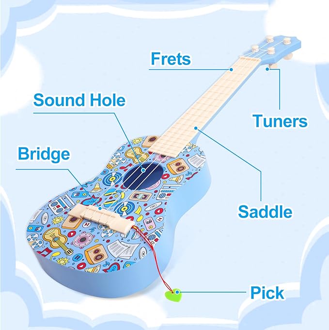 LeeQee 21in Colorful Graffiti Ukulele Guitar for Kids, 4 Strings Kids Guitar Ukulele Musical Instruments Learning Educational Toys with Picks for 3 4 5 6 7 8 9 10 11 12 Toddler Boys Girls (Blue)