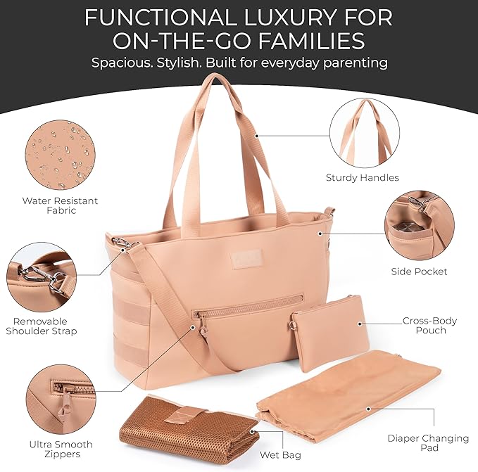 A + S Luxxe Diaper Bag Tote – Stylish, Large Baby Bag with Stroller Straps, Insulated Pockets, Changing Mat & Waterproof
