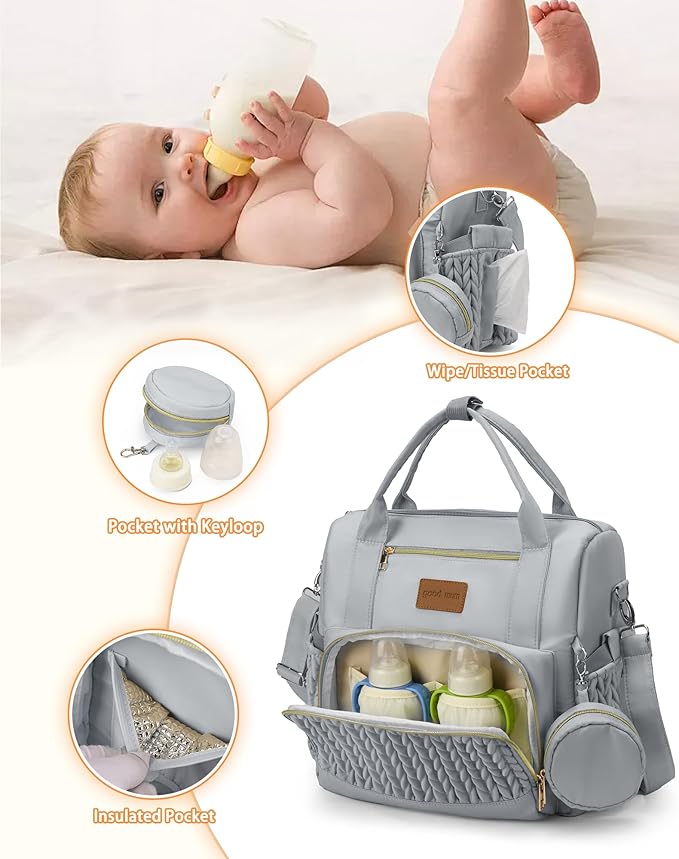 Backpack Diaper Bag,Stylish Waterproof Baby Diaper Bags with Changing Pad,Insulated Pockets,Multi-Function Travel Diaper Backpacks,Newborn Essentials, Grey