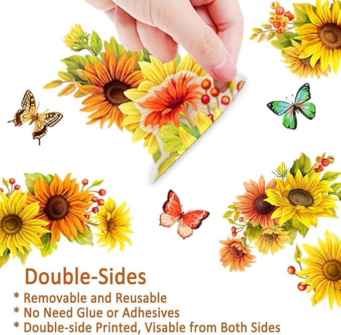 Sunflower Butterfly Window Clings Fall Window Decorations | Large-Size Clings for Glass Double-Sides Window Stickers for Glass Home Bedroom Nursery Room Windo Decals 44 Pcs in Total