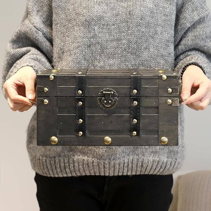 Deluxe Wooden Treasure Chest - 11" x 7.1" x 5.5", Elegant Storage Box with Sturdy Hinged Lid, Vintage-Inspired Decorative Trunk for Keepsakes, Black