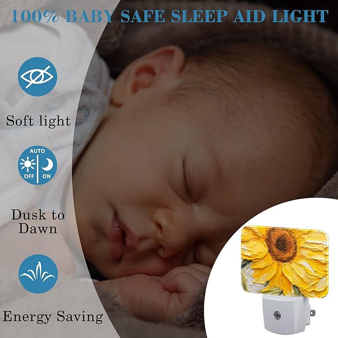 Sunflower Oil Painting Night Light Plug into Wall, Sunflower Night Light with Dusk to Dawn Sensor for Kid Girls Boys Women Men Bedroom, Hallway, Kitchen, Bathroom, Stairs Decor
