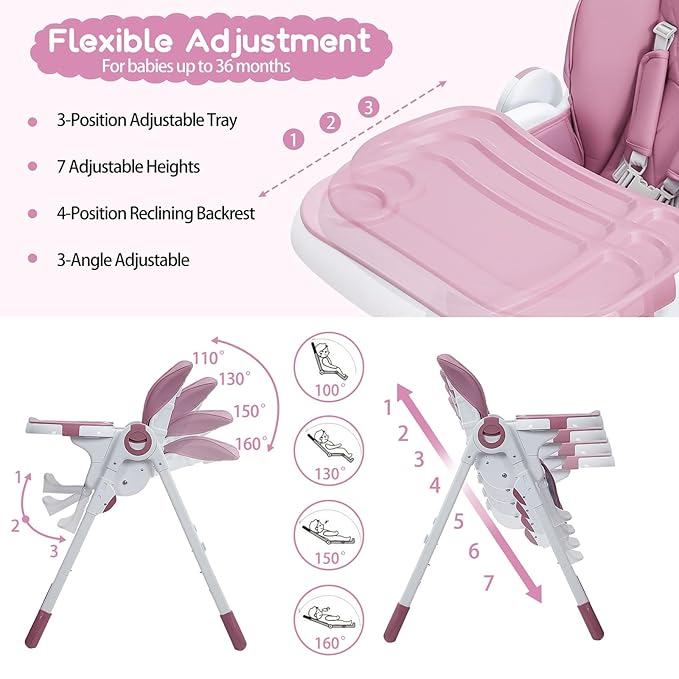 GAOMON Baby High Chair, Multifunctional Infant Highchairs with Adjustable Height and Recline, Foldable High Chair for Babies & Toddlers, High Chair with Removable Tray Easy Clean (Lilac)