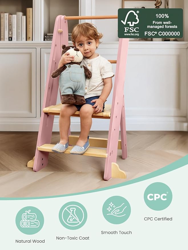 GROWNSY Foldable Step Stool Toddler Tower, Toddler Kitchen Stool Helper, Collapsible Kids Standing Learning Tower with 3 Adjustable Heights and Safety Net for Kitchen Bathroom Sink Counter (Pink)