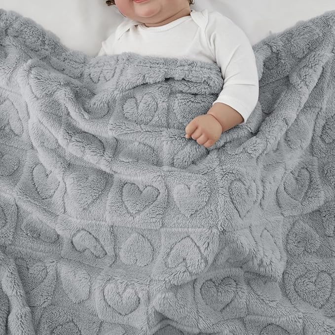 CREVENT 30"X40" Cozy Soft Warm Sherpa Baby Blanket for Girls Boys, Newborn Essentials for Infant, Baby Shower Receiving Gift - Grey Heart 75X100cm + Gift Bag with Ribbon