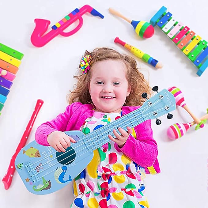 YOLOPLUS+ 17 Inch Kids Ukulele Guitar Toy 4 Strings Mini Children Musical Instruments Educational Learning Toy for Toddler Beginner Keep Tone Anti-Impact Can Play with Picks/Strap/Primary Tutorial