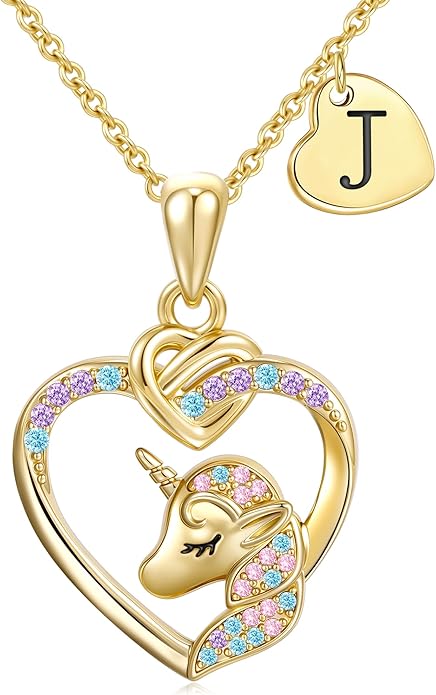 Unicorn Initial Necklaces Gifts for Girls Kids - 14K Real Gold Plated Heart Initial Unicorn Necklace Teen Girls Gifts Trendy Stuff Heart Letter Necklace for Women Girl Kids