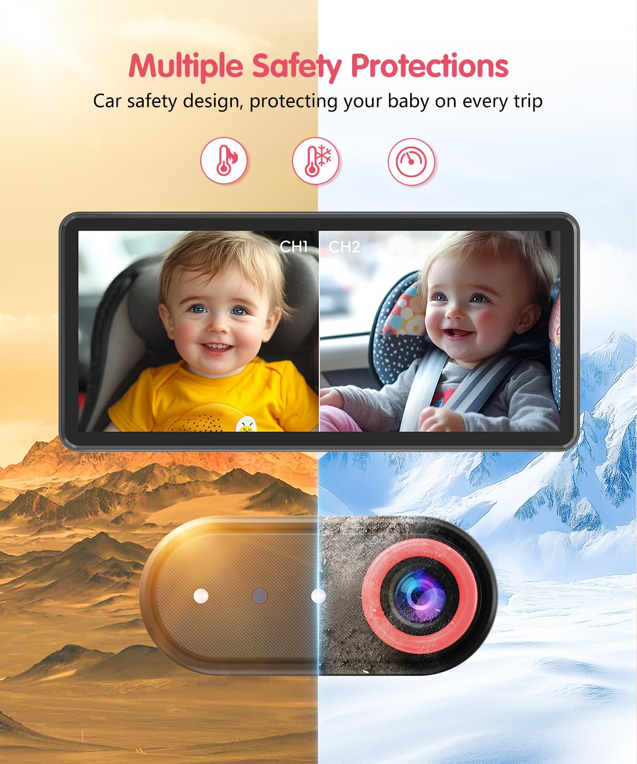 BM5PRO 7.2" Dual Camera Baby Monitor, 1080P HD Display for 2 Kids, Night Vision, Easy Install Car Baby Monitor, Ideal Gift, Rear Seat Safety for Babies & Pets