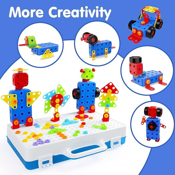 STEM Toys for 3 5 7 Year Old Boys Kids, 232 Pcs Kids Drill Set Building Blocks, DIY Educational Construction Engineering Toys, Creative Mosaic Electric Drill Set Gift for Kid Boys Girls Age 3-8 Years