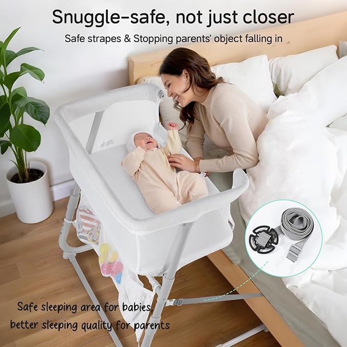 Cowiewie Bassinet Bedside Sleeper,Baby Bassinets Higher Place on Bed,5-Position Adjustment Baby Crib,Breathable 360° Mesh Sides Bedside Bassinet,Space-Saving Bedside Cribs, Height(37.4-41.3") (White)