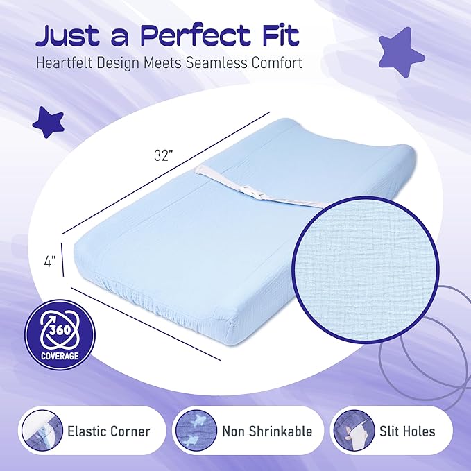 100% Muslin Changing Pad Cover Ultra Soft, Breathable, Secure Fit, Fade-Resistant Prints for Boys and Girls (Pack 2)