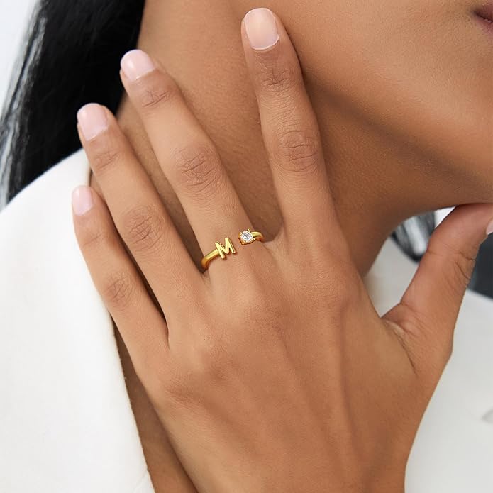 Gold Initial Rings for Women Girls, 14K Gold Plated Adjustable Initial Rings Teen Girl Gifts Trendy Stuff Letter Ring Birthday Gifts for Teenage Girls Non Tarnish