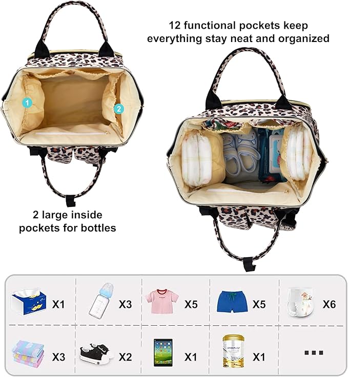 Diaper Bag Backpack Multi-Function Baby Bag With Large Capacity and Insulated Pockets Diaper Backpack Organizer Bag for Mom/Dad, Leopard