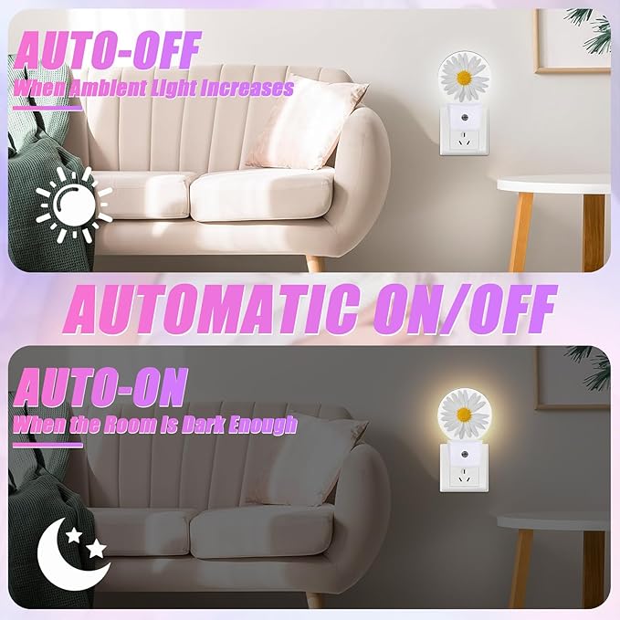 Daisy Night Light Chamomile Night Lights LED Lamp Round Plug into Wall Nightlight with Dusk to Dawn Sensor Home Hallway Stairway Kitchen Decor