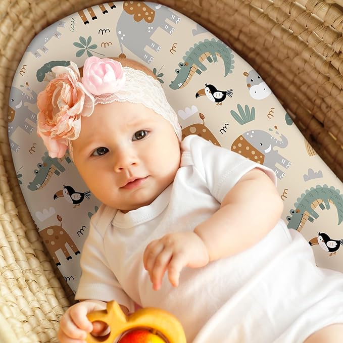 Baby Bassinet Sheets Girl Boy, Fitted Bassinet Sheet Set 3 Pack Bassinet Mattress Sheets Universal Fit for Rectangle, Round, Oval, Hourglass Mattress, Soft Breathable Green & Apricot Lion
