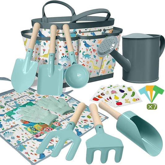 Kids Gardening Set 14Pcs Gardening Tools for Kids with Tote Bag,Watering Can, Shovel, Apron, Garden Book and More Educational STEM Learning Outdoor for Toddlers Boys Girls (Dinosaur Blue)