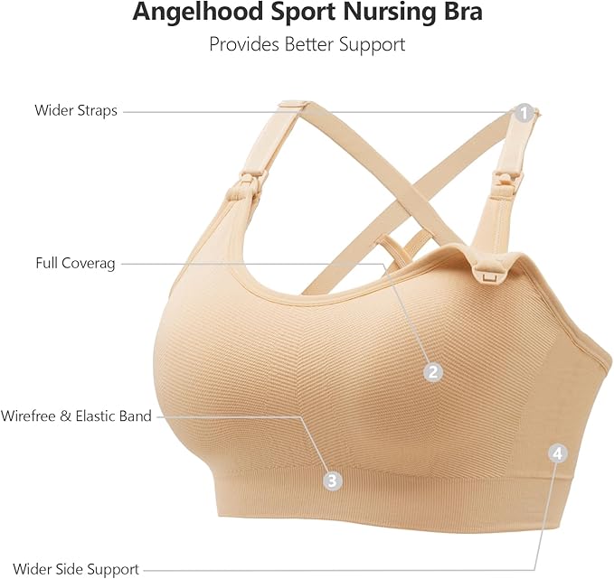 Angelhood Nursing Bras for Breastfeeding, Seamless Nursing Sports Bra Medium Impact Support Maternity Bras for Pregnancy