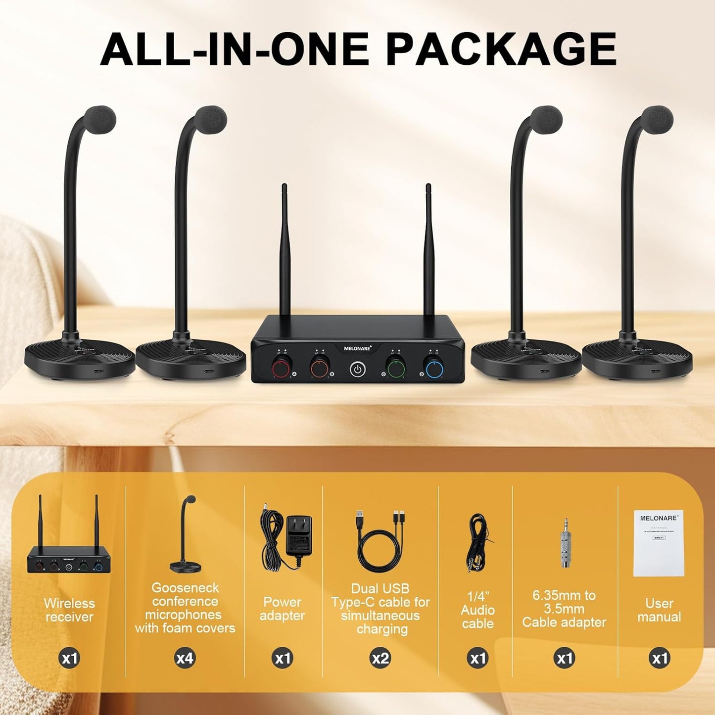 4-Channel Wireless Conference Microphone System, UHF Compact Cordless Mic Set w/ 4x10 Frequencies, 200ft Range, 4 Gooseneck Mics for Lecture, Church, Conference, Public Speaking (MWM-41-4G)