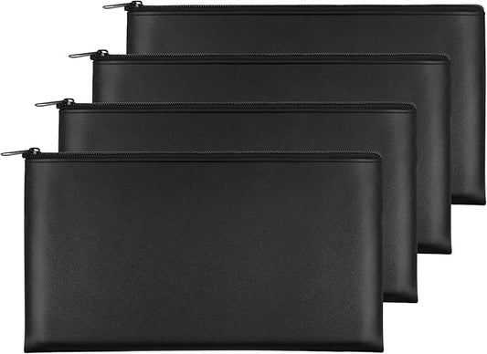Joyberg 4Pack Money Bag 11 X 6", Safe Durable Waterproof PU Leather Bank Bag with Zipper for Cash, Coin, Checks, Makeup Bills Receipts Tool Storage (Black)