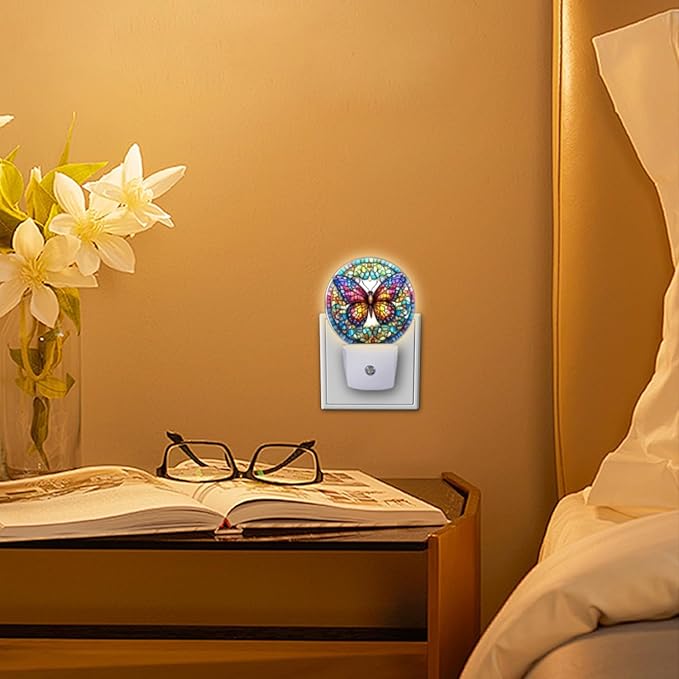 Round LED Night Lights Lamp with Dusk to Dawn Sensor, Stained Glass Art of Colorful Butterfly Mandala Night Light Plug Into Wall for Kids Room, Bedroom, Bathroom, Kitchen, Hallway