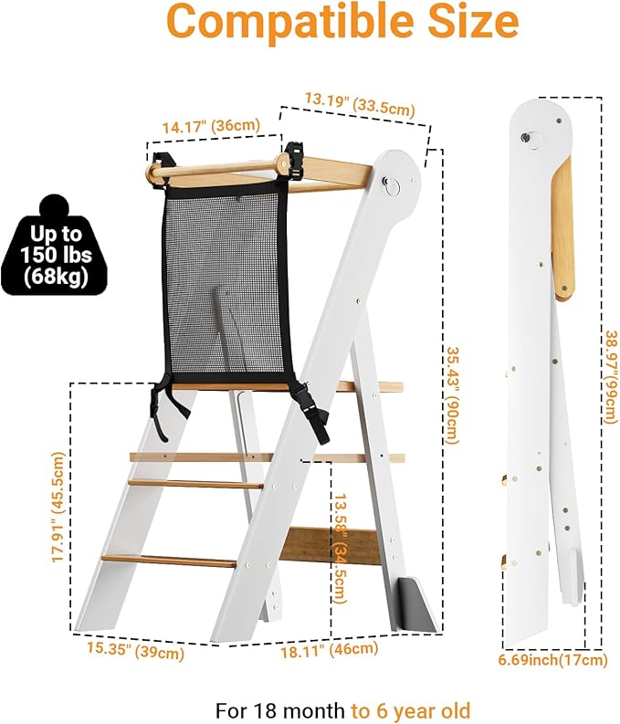 COSYLAND Foldable Toddler Kitchen Stool Helper - Height Adjustable Standing Tower for Bathroom Sink or Kitchen Counter - Step Stool for Toddlers Ages 18 Months to 6 Years White & Natural