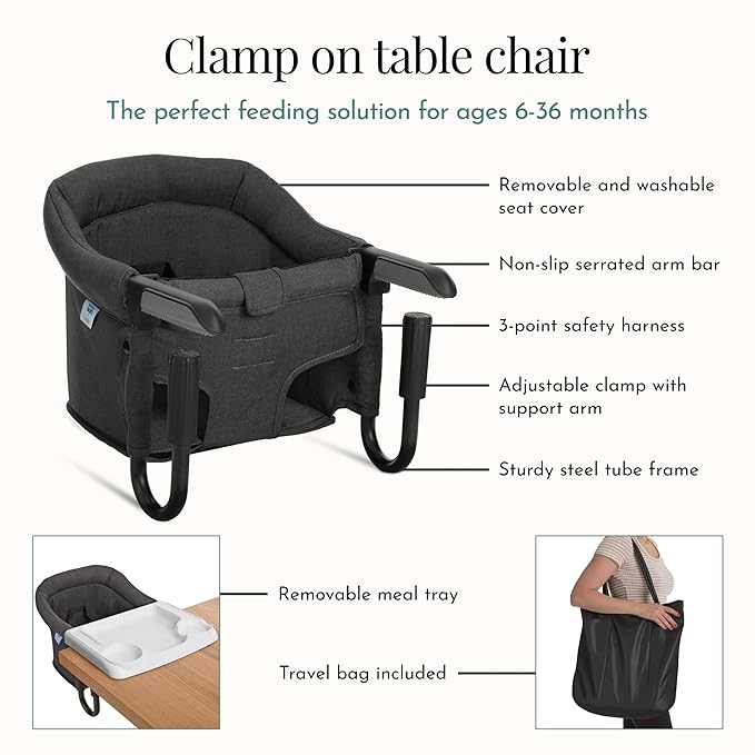 Evolur Clamp-On Comfort Table Chair | Removable & Washable Seat Cover, Dishwasher-Safe Tray, Foldable Design with Carry Bag | Portable High Chair for Babies & Toddlers (6–36 Months)