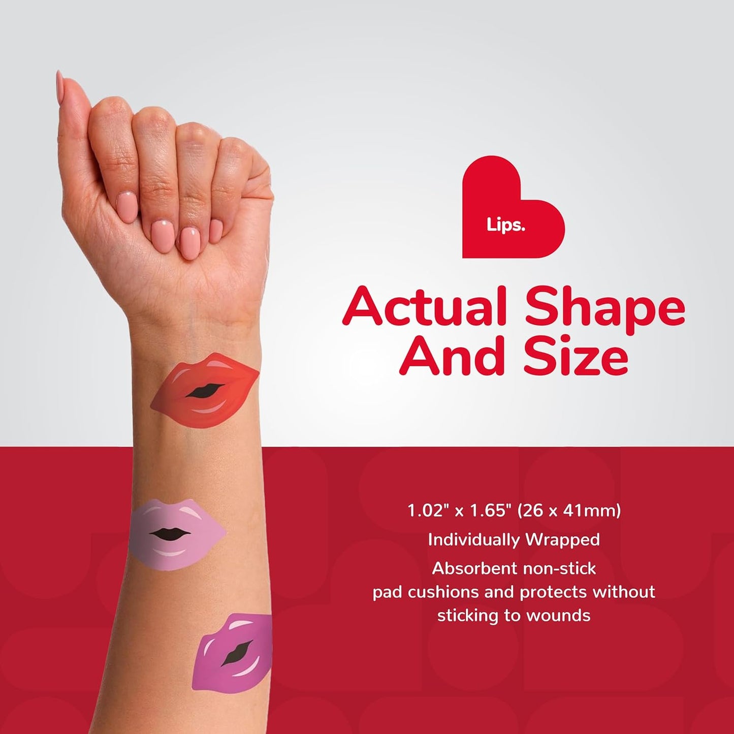 BioSwiss Bandages, Lips Shaped Self Adhesive Bandage, Latex Free Sterile Wound Care, Fun First Aid Kit Supplies for Kids, 24 Count