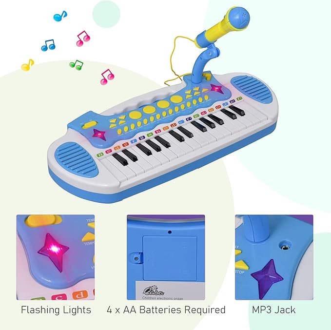 Qaba 31-Key Kids Toy Keyboard Piano, Electronic Musical Instrument with Multiple Sounds, Stool, Microphone and Bright Flashing Lights, Blue
