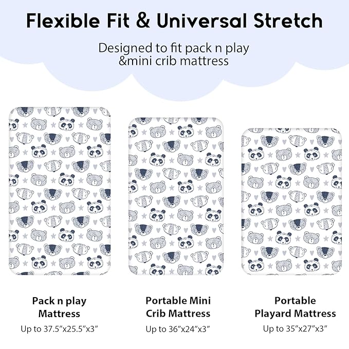 Yoofoss Pack and Play Sheets Fitted, Mini Crib Sheets 2-Pack for Pack N Play Mattress, Stretchy Playard Sheet, Soft and Breathable (Panda)