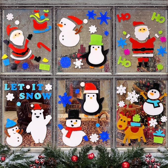 XIMISHOP 6pcs Christmas Gel Clings: Xmas Santa Claus Snowman Snowflake Penguin Window Decors