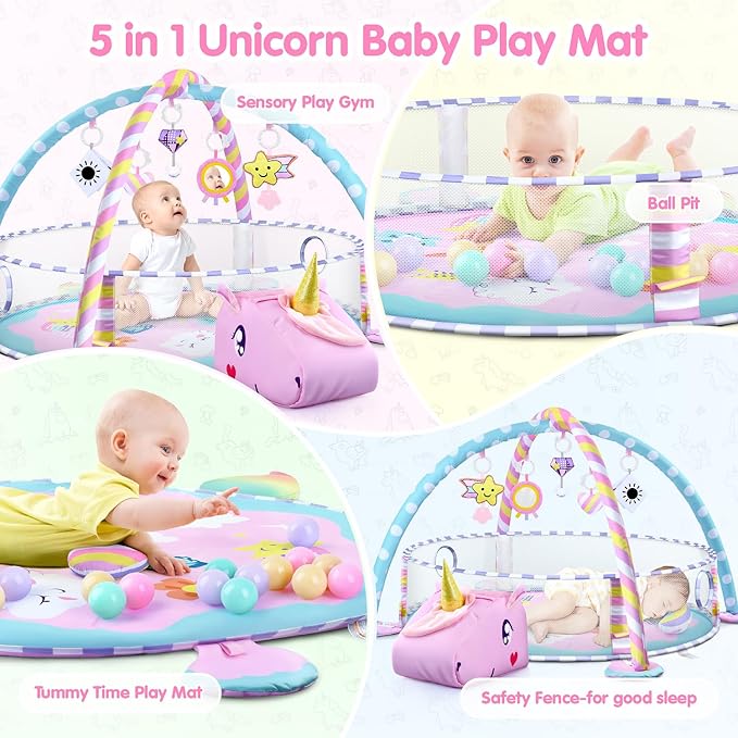 Baby Play Mat & Activity Mat - Baby Play Gym Tummy Time Mat with 6 Detachable Sensory Toys for Motor Skills Development, Newborn Baby Toys 0-6-12 Months Essentials Gift Playmats