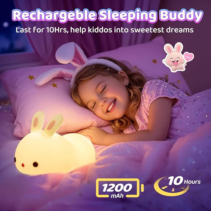 One Fire Bunny Christmas Night Light for Kids, 16 Colors Cute Lamp, Soft Silicone Baby Night Light, 1200mAh Portable Dimmable Touch Lamps, Kawaii Room Decor Stuff, Gifts for Christmas|Halloween|Easter