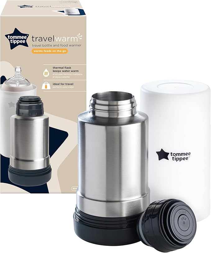 Tommee Tippee Portable Travel Baby Bottle and Food Warmer, Thermal Insulation, Stainless-Steel Flask with Leak-Proof Lid
