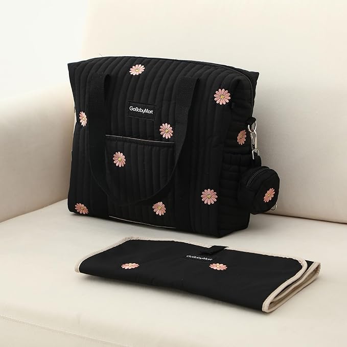Large Diaper Bag Tote, Maternity Hospital Travel diaper tote, Multifunction baby bag, Baby Nappy Bags, Messenger bag (Medium - Black Flowers)