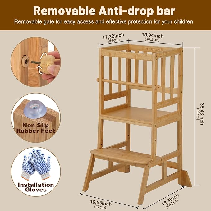 COSYLAND Toddler Standing Tower - Adjustable Height Toddler Kitchen Stool Helper - Kids Kitchen Step Stool for Learning with Removable Safety Railing Natural
