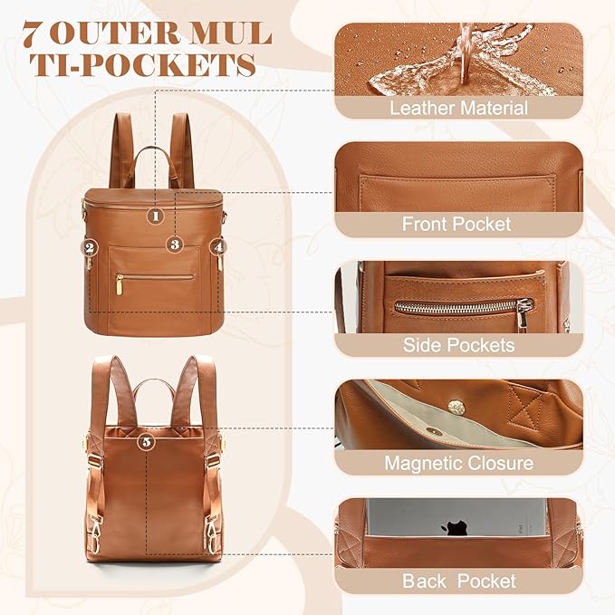 miss fong Diaper Bag Backpack Baby Diaper Bag, Large Leather Diaper Backpack with 16 Pockets Travel Diaper Bag with Diaper Changing Pad, Stroller Straps & 2 Insulated Pockets (Regular, Cognac)