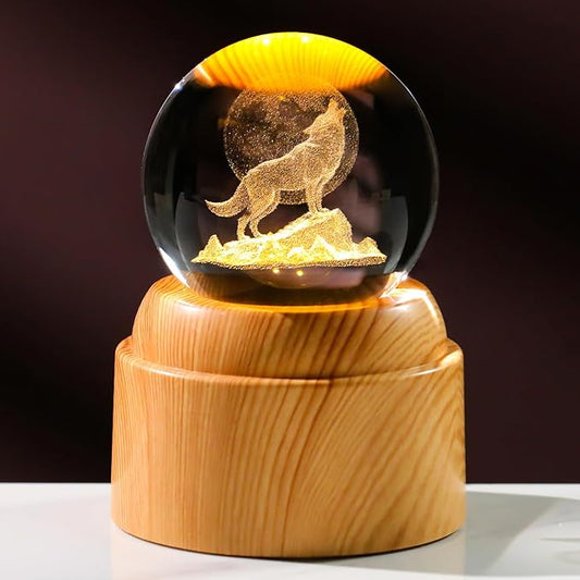 60mm 3D Wolf Crystal Ball with Rotatable Warm Light Wood Base, Wolf Gifts for Women Men Wolf Lovers, Wolf Figurines Decorations Lamp Night Lights