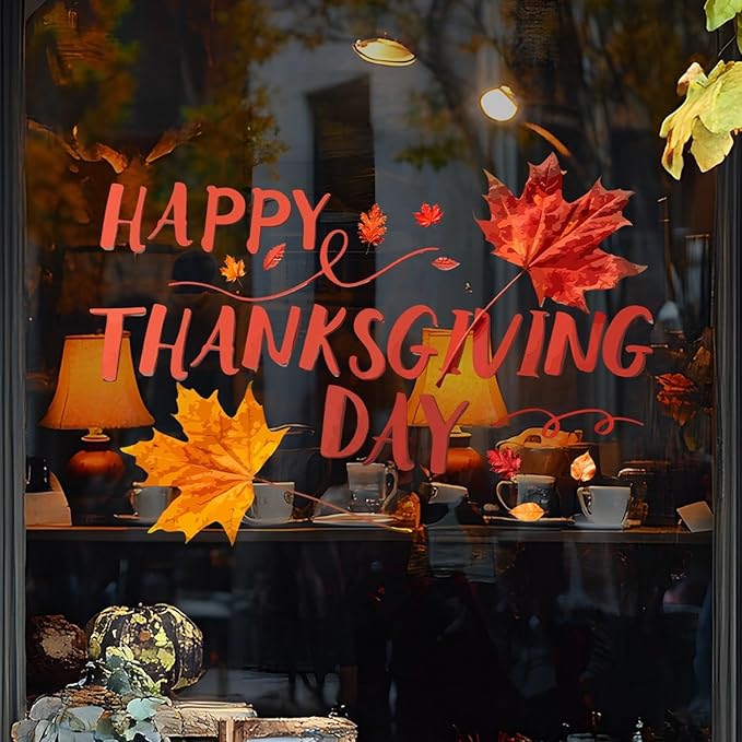 1 Sheet Thanksgiving Clings for Glass Windows DIY Fall Leaves Window Clings Double-Sided Autumn Window Cings Happy Thanksgiving Day Window Stickers for Party Glass Decoration