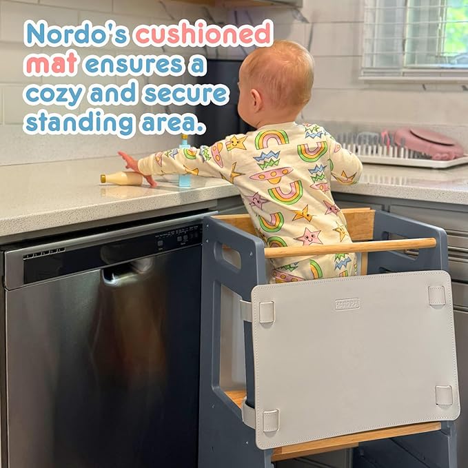 Toddler Kitchen Stools Helper with Adjustable Height and Anti-Slip Protection, Kids Standing Tower with Safety Rail, Kids Montessori Stool with Learning Chalkboard, Gray