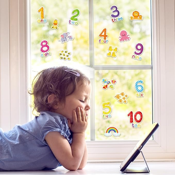 Whaline 40Pcs Number Thick Gel Clings Cute Animals Numbers 1-10 Window Gel Decals Colorful Word Spelling Window Clings for Early Education Learning Home Classroom Nursery Decor
