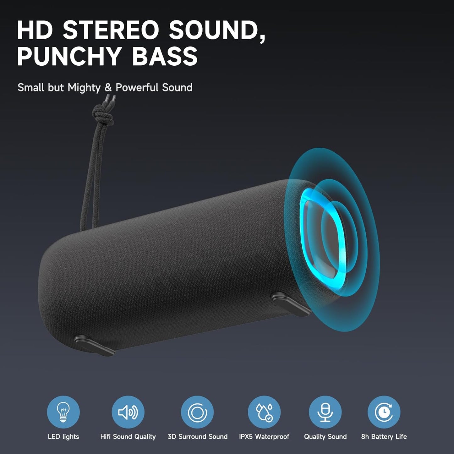 Bluetooth Speaker, Portable Wireless Clear Loud Stereo Sound IPX5 Waterproof with RGB Lights BT5.3 Long Playtime TWS Pairing,for Home Party Outdoor Beach,Great Gift Choice (Black)