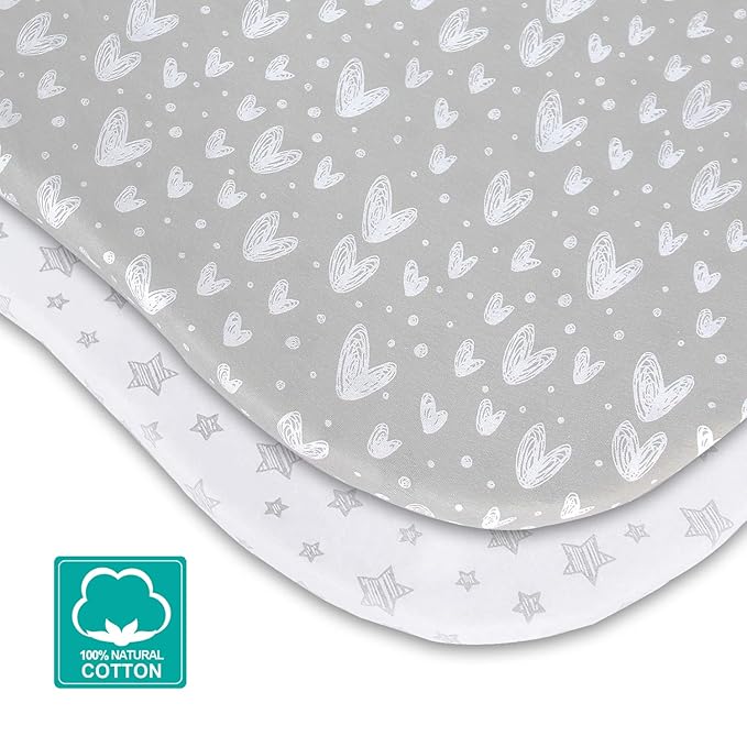 Bassinet Sheets Fit for RONBEI Bassinet Bedside Sleeper, Cuddor and BUBAVAN Bassinet Bedside, 100% Jersey Knit Cotton Sheets, Breathable and Heavenly Soft, Grey and White Print for Baby