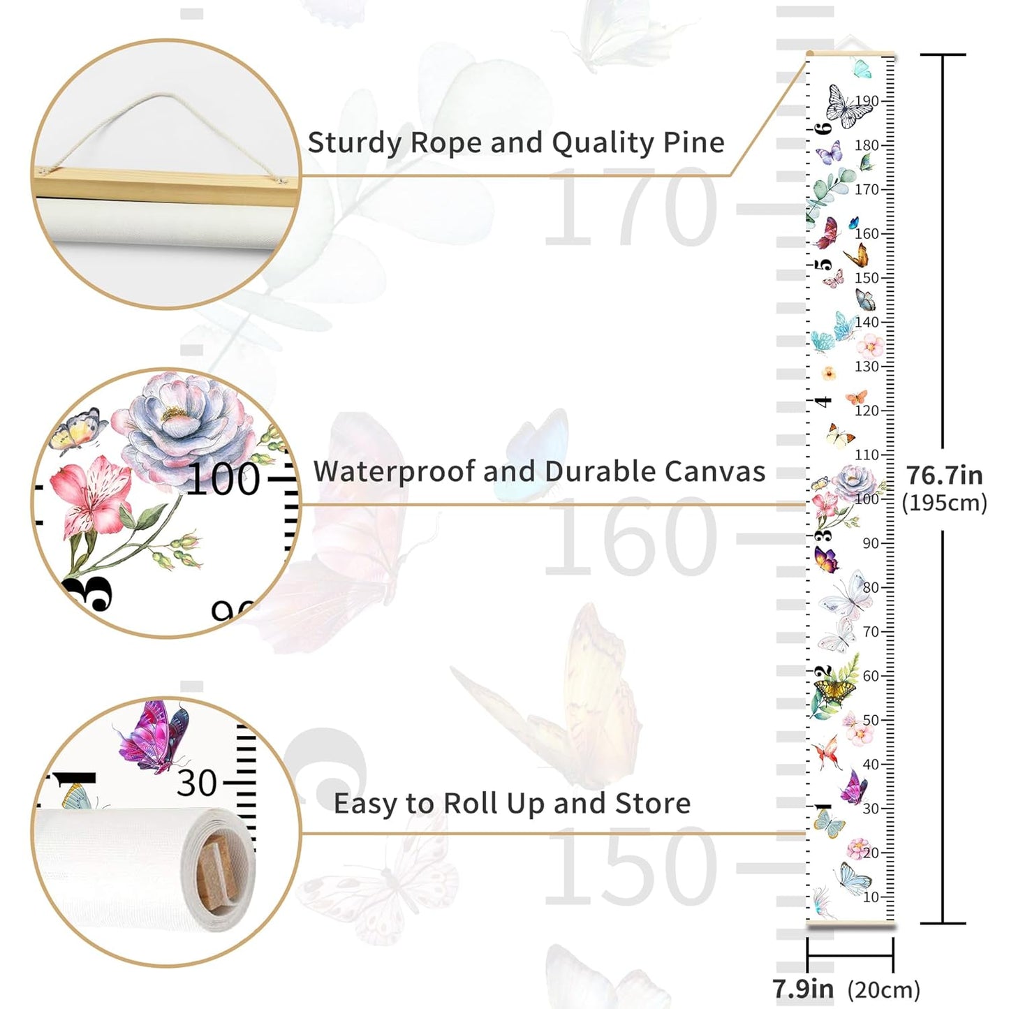 Baby Growth Chart for Wall - Height Chart for Kids Nursery Decor Wall Hanging Measurement Ruler with Black Wood Scroll Toddlers Room Decor Birthday Christmas Gifts for Boys Girls 79"X7.9" (Butterfly)