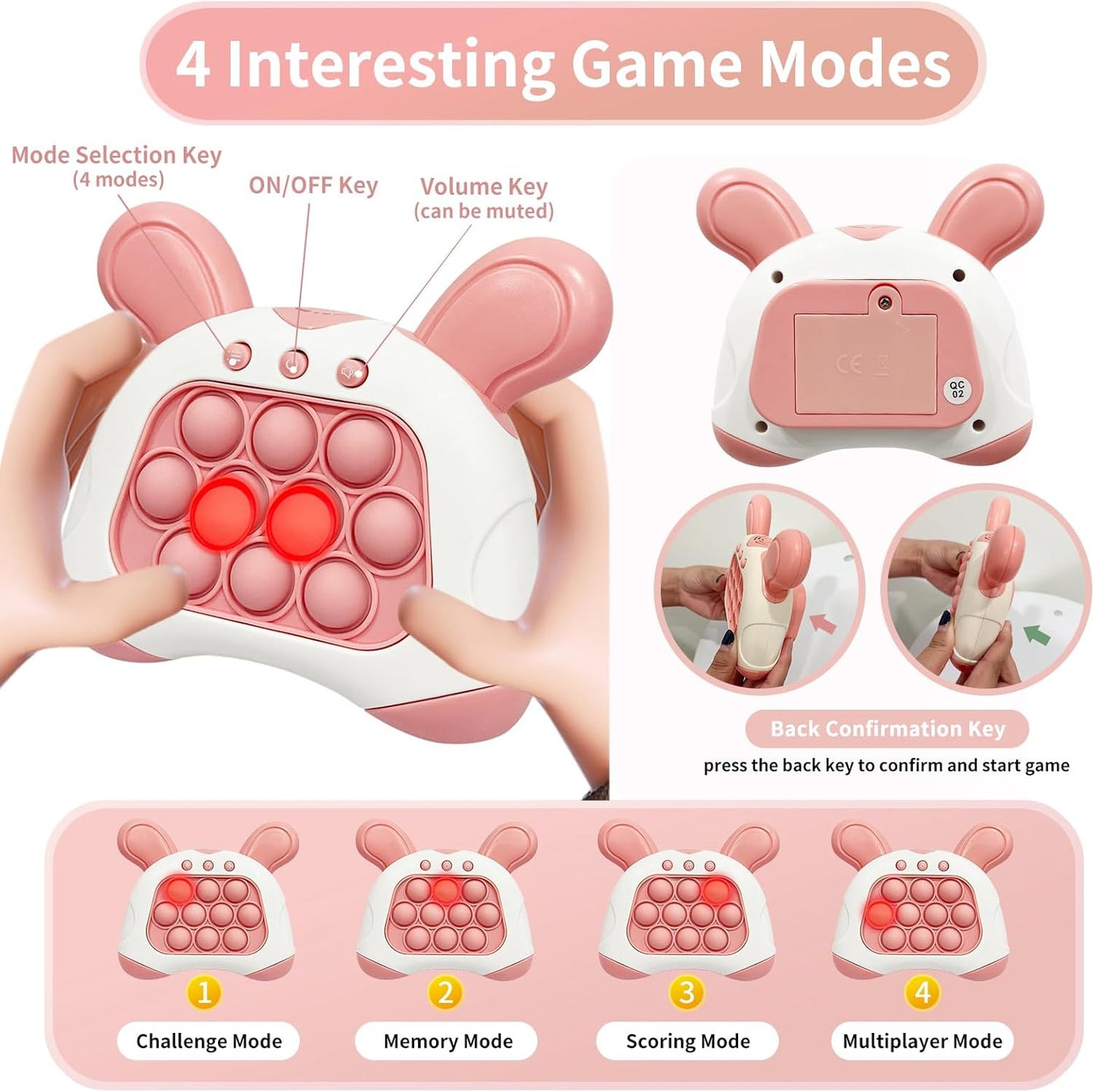 Pop Quick Push Game Console Fidget Toys Light Up Handheld Puzzle Press Popping Toy for Kids Adult Pink Rabbit