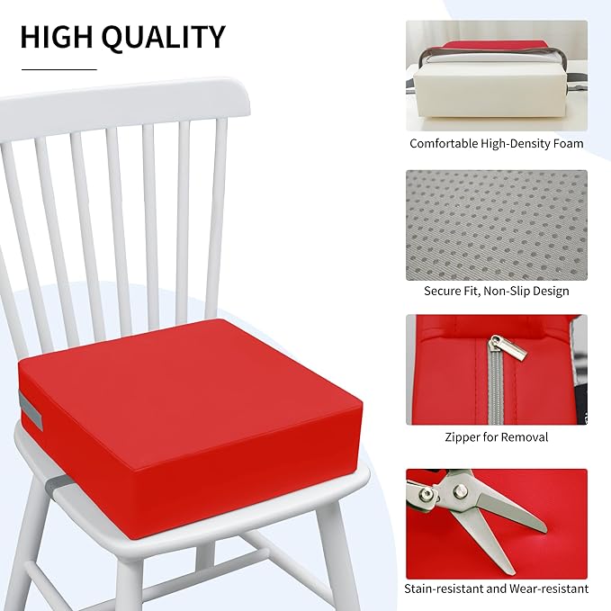 Toddler Booster Seat for Dining Table, 2 Elastic Seat Belts, Anti Scratch PU Skin-Friendly, Waterproof, Anti-Wrinkle, Detachable Non-Slip Bottom - Red